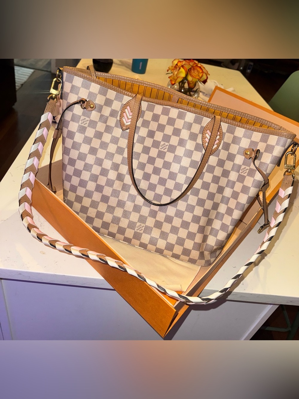 Authentic Louis Vuitton Damier Azur Braided Neverfull MM in Pink - Limited Editi